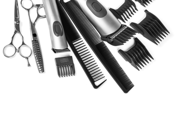 Men's Grooming Tools. Barber Equipment And Supplies On White Table.